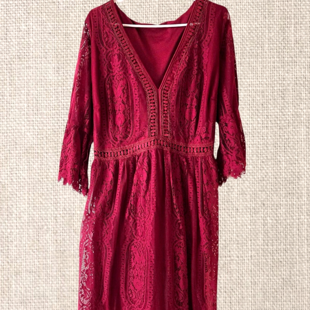 Cranberry Red Lace Maxi Dress Event Holiday Wedding V-neck Ruffled Sleeve Plus - Picture 5 of 11